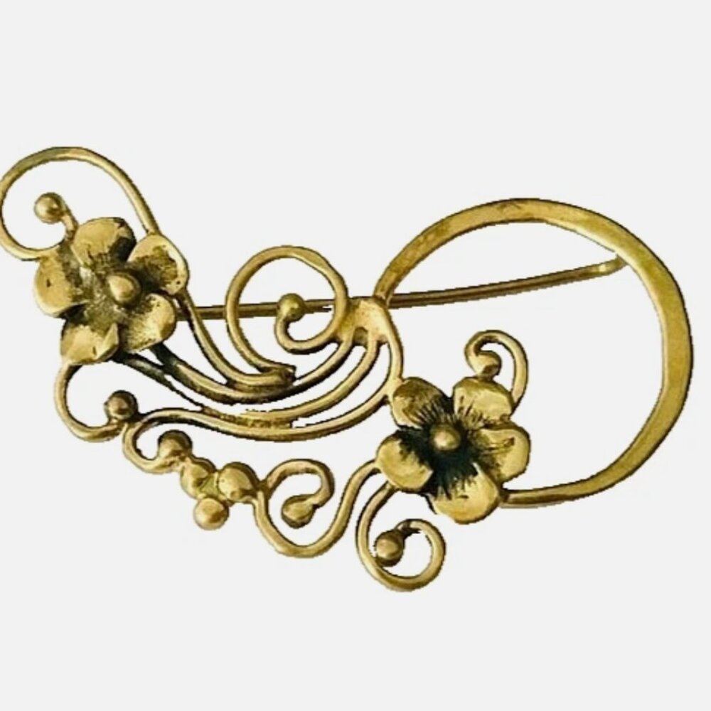 Vintage 1940s Brass Flower Brooch Brutalist Style Openwork Scroll Estate Jewelry